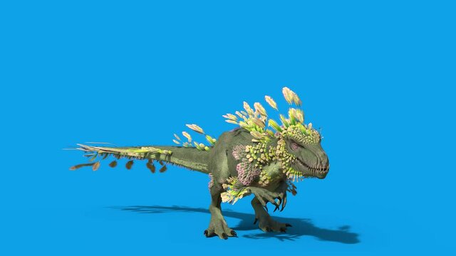 Feathered Dinosaur Trex Roar Blue Screen Front 3D Rendering Animation 4K