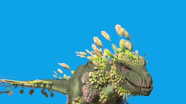 Feathered Dinosaur Trex Roar Blue Screen 3D Rendering Animation 4K