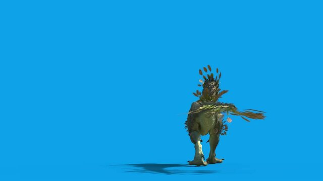 Feathered Dinosaur Trex Walks Blue Screen Back 3D Rendering Animation 4K