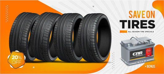 Car tire. Wheel black background. Website banner. Wheels store illustration. 