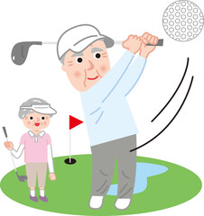 ゴルフをするシニア男女