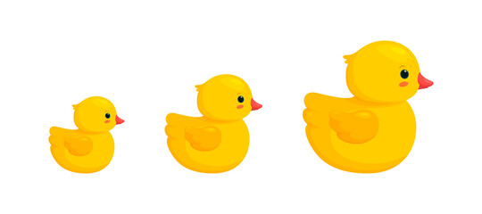Rubber duck family with two ducklings isolated in white background. Side view of yellow plastic toys, parent and children. Vector illustration in cartoon style