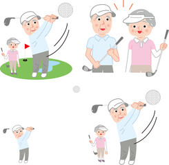 ゴルフをするシニア男女色々セット