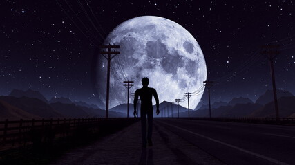 Illustration of man walking on a night road Silhouette go towards the moon