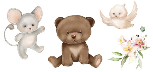 Watercolor illustration animal portraits - bear, mouse, bird. Cute kids Stuffed Toys.
