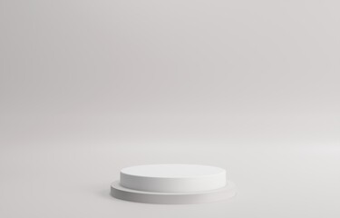 Podium, exhibition round pedestal - 3d render illustration. Stand for cosmetic products. Geometric  - architectural composition. Gray white base podium.