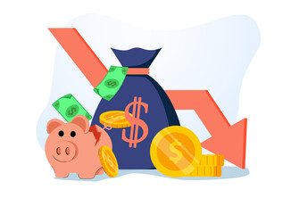 Stock market crash with piggy bank and business icons vector illustration design. Financial crysis.
