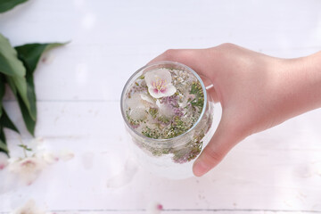 young woman's hand holding a glass with floral infused drink. non alcohol mocktail for summer refresh. outdoors summer party. flower ice cubes in a glass. summer herbal drink concept. top view