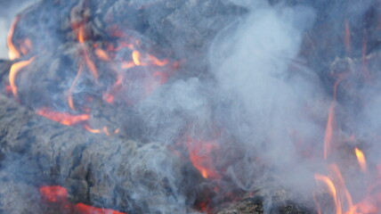 Campfire smoke, fire and coals, fire after goose smoke
