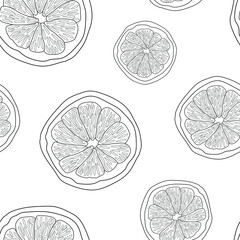 Outlines lemon slices on a white background. Vector seamless pattern. Healthy food.