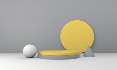 Mock up scene podium for product display. Abstract geometry shape yellow and grey on clear background.