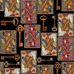 Embroidery playing cards and golden vintage keys, seamless pattern. Romantic template clothes, t-shirt design, textile design. Jacks, poker art. Symbol of casino gamblings - 404248866