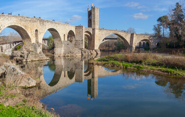 Fototapeta na wymiar Fluvia riverside with medieval bridge at bottom, Besalu, Spain