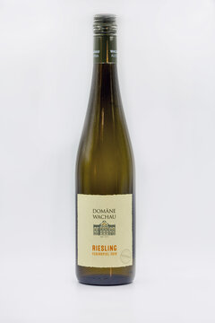 Bottle Of Austrian Domane Wachau Riesling Wine Closeup Against White