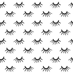 Fototapeta premium Doodle eyelashes black and white seamless pattern. Girl lashes closed eye drawing background Feminine fashion glamour backdrop Vector illustration