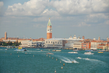 Panoramic view Dodge Palace and Bell Tower (Campanile) on San Marco square Venice