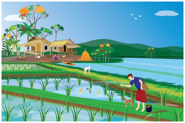 one child fishing in paddy field vector design,lifestyle of people at countryside