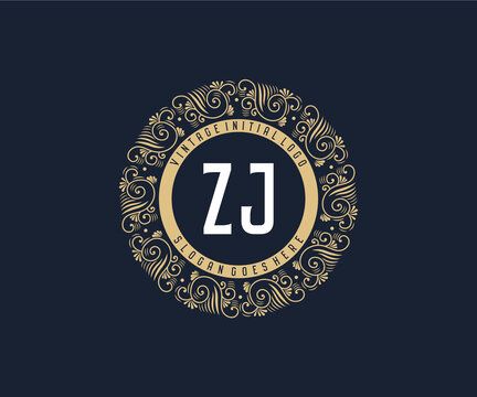 Initial ZJ Antique retro luxury victorian calligraphic emblem logo with ornamental frame.