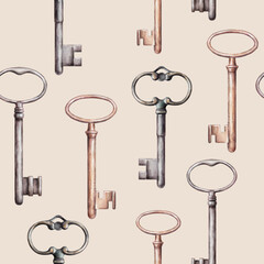 old beautiful vintage key darkened metal unusual shape pattern 1 on a beige background