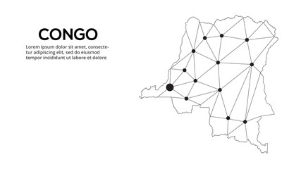Congo communication network map. Vector image of a low poly global map with city lights. Map in the form of lines and dots