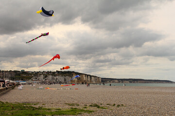 beautiful kites in the sky during the kite festival at the white alabaster cliff coast in dieppe,...
