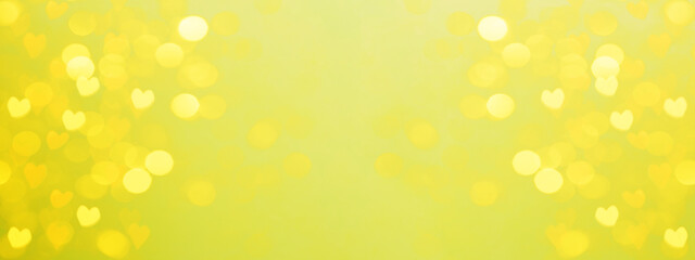 Hearts abstract background in golden colors, isolated on yellow texture - Happy Valentine's Day Banner panorama - Hearts bokeh / Love pattern
