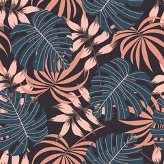 Tropical seamless pattern. Colorful plants and leaves on dark background. Illustration in Hawaiian style. Jungle leaves. Botanical pattern. Vector background for various surface. Floral pattern.