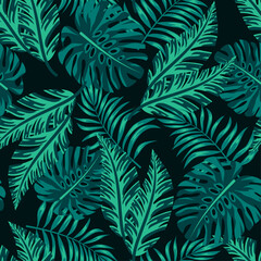 Naklejka na ściany i meble Tropical seamless pattern with plants and leaves on a dark background. Creative abstract background. Exotic wallpaper, Hawaiian style. Jungle leaves. Botanical pattern.
