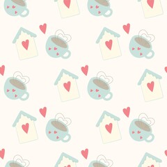 Seamless pattern of houses with hearts. Valentine's Day. Cartoon style