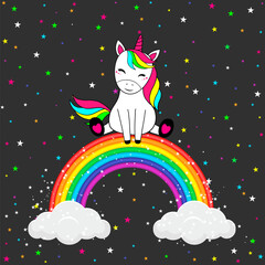 Cute unicorn on a rainbow on a background with stars. Vector illustration.