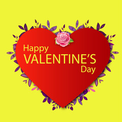 Happy valentine's typography with red heart flower frame isolated on yellow background vector design