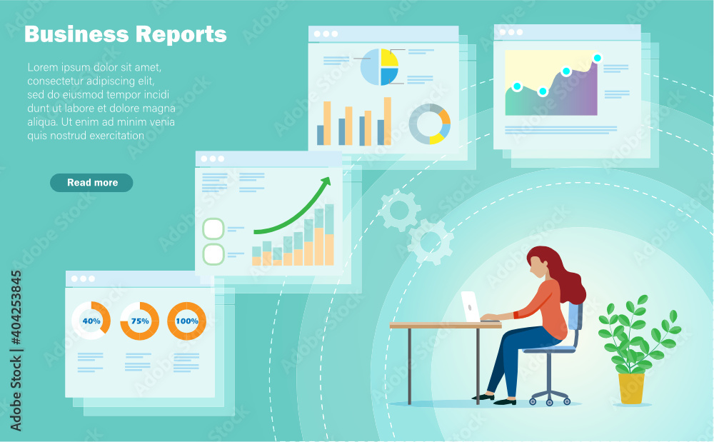 Poster businesswoman analysing business reports with graph and charts to develop smart solution. idea for d