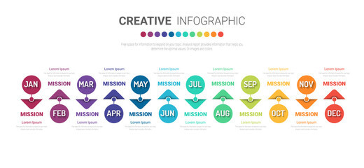 Timeline presentation for 12 months, 1 year, Timeline infographics design vector and Presentation business can be used for Business concept with 12 options, steps or processes. 