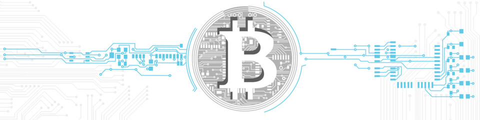 Bitcoin theme design. Bitcoin digital cryptocurrency in circuit board style. Vector Illustration