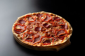 Juicy and got meat pizza on a thin crispy dough, menu photo