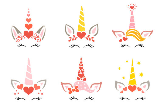 Set of valentine unicorns. Cute unicorn head and unicorn face with closed eyes, hearts, horn and long eyelashes. Design for kids shirts postcards and posters. Fairy magic animals for valentines day ca