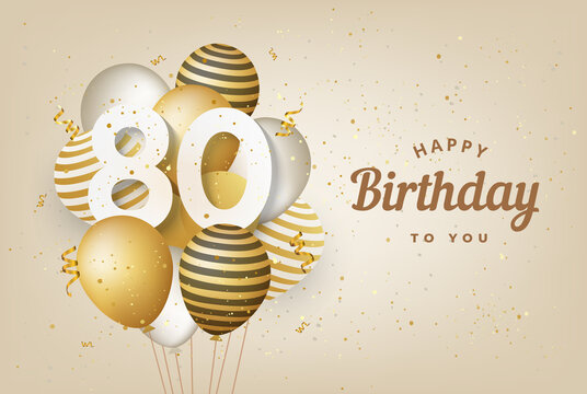 Happy 80th birthday with gold balloons greeting card background. 80 years anniversary. 80th celebrating with confetti. Vector stock	