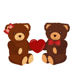 Two teddy bears with red heart on white background. Concept love, valentine day.