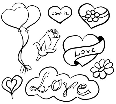 Valentine's Day theme doodle set. Traditional romantic symbols. Freehand vector drawing