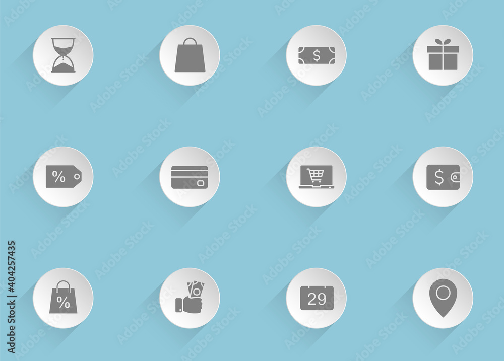 Poster black friday vector icons on round puffy paper circles with transparent shadows on blue background. 