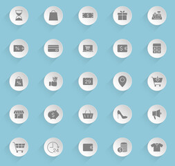 Black friday vector icons on round puffy paper circles with transparent shadows on blue background. Stock vector icons for web, mobile and user interface design