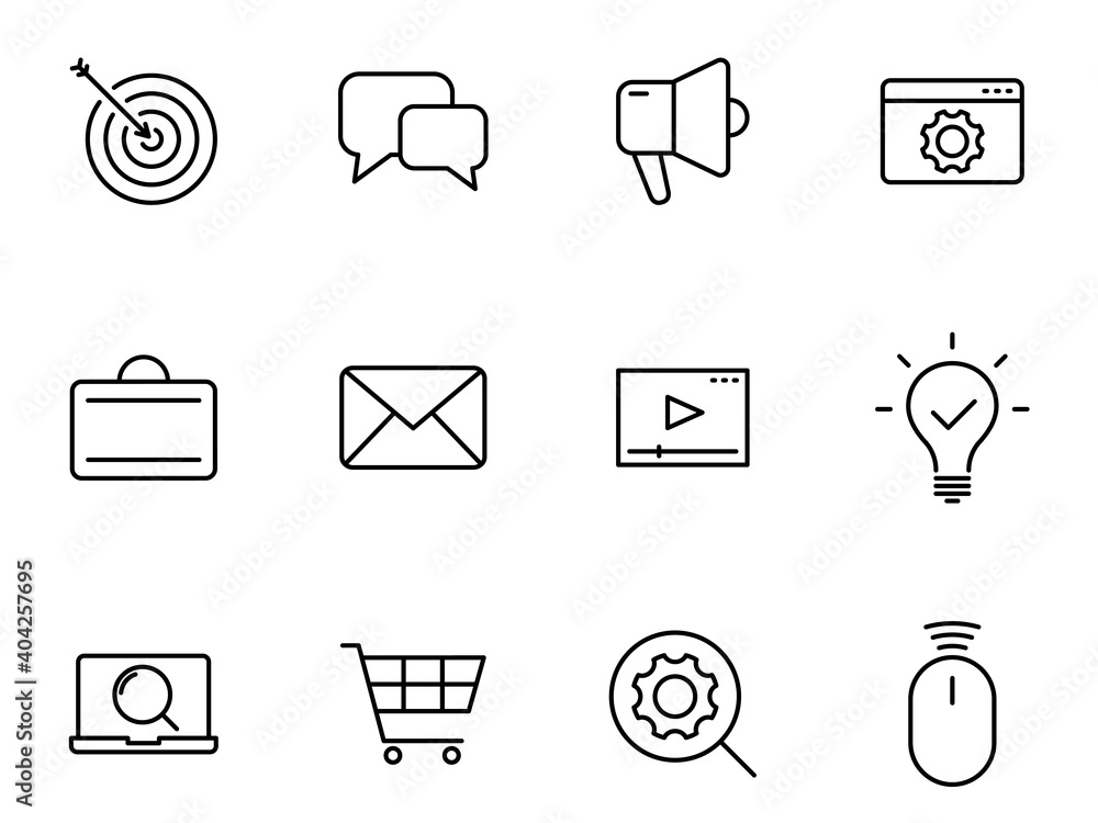 Poster seo outline vector icons isolated on white. gardening icon set for web and ui design, mobile apps an
