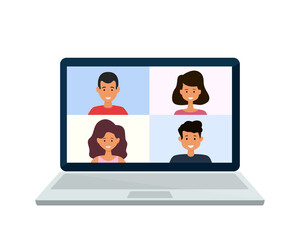 Meeting and group video conference on laptop screen. Video conferencing and online communication. Vector isolated illustration.