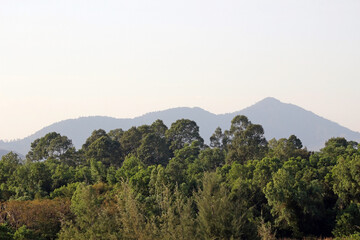 Obraz premium Forested tropical mountain with shadow of further distant hills on the horizon