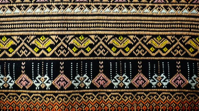 4K More than 100 years old colorful thai handcraft peruvian style rug surface old vintage torn conservation Made from natural materials Chemical free close up