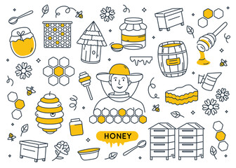 Honey doodle elements set isolated.