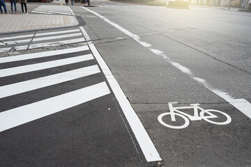 Bicycle lanes on the street in the side of the crosswalk.