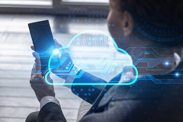 Businesswoman typing phone, work in modern office on new project. Cloud hologram. Double exposure. Concept of success.