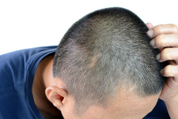 Obraz premium Gray hair problems in men, asian man with gray hair, white hair or hair loss problem.