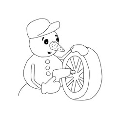The outline of the snowman in a cap and mittens changes the car tire
